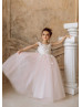 Ivory Floral Lace Blush Pink Tulle Flower Girl Dress
